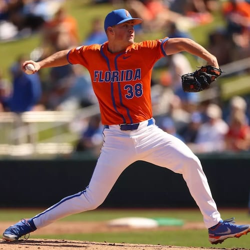 Florida pitcher Cooper Walls throws a pitch against Kennesaw State at Condron Family Ballpark in Gainesville, Fla., on Feb. 22, 2026. He's now committed to Georgia. (Jordan Perez/UAA Communications)