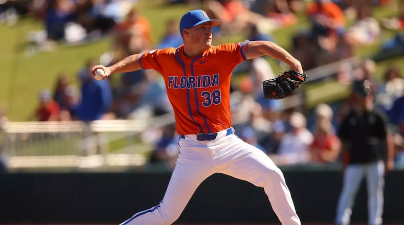 Florida pitcher Cooper Walls throws a pitch against Kennesaw State at Condron Family Ballpark in Gainesville, Fla., on Feb. 22, 2026. He's now committed to Georgia. (Jordan Perez/UAA Communications)