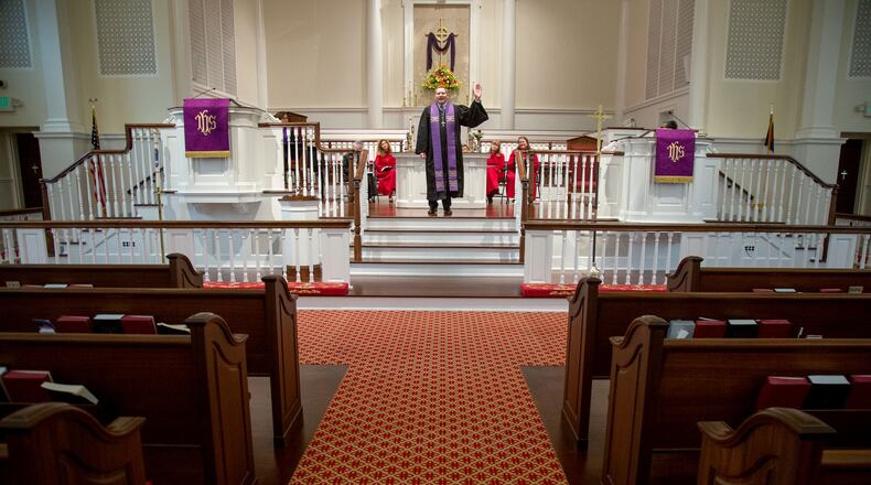First United Methodist Church of Marietta Rev. Brian Smith leads a children sermon through their Livestream Sunday service on March 15, 2020.  STEVE SCHAEFER / SPECIAL TO THE AJC