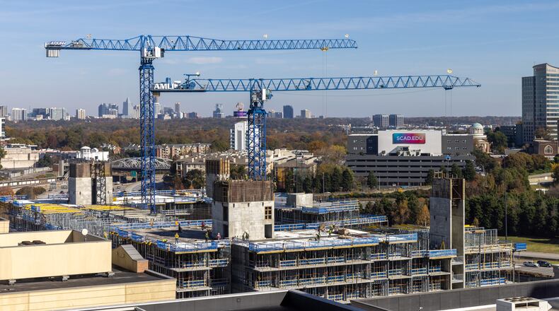 Construction continues on the Amili Apartments near the Atlantic Station on Tuesday, Nov. 14, 2023. (Steve Schaefer/steve.schaefer@ajc.com).