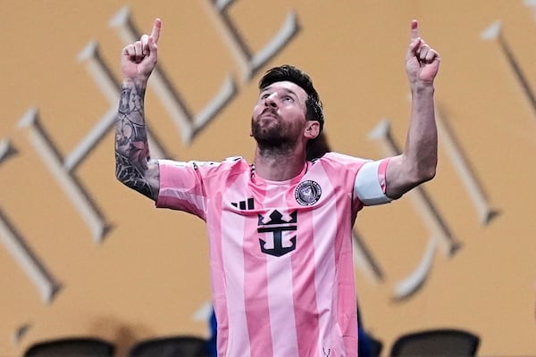 Inter Miami's Lionel Messi reacts after scoring during the Club World Cup group A soccer match between Inter Miami and FC Porto in Atlanta, Thursday, June 19, 2025. (AP Photo/Mike Stewart)