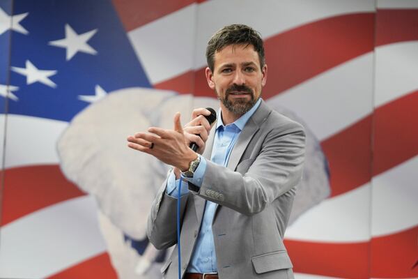 Ryan Kelley speaks at the Jackson County Republican headquarters Thursday, April 10, 2025, in Jackson, Mich. (AP Photo/Paul Sancya)