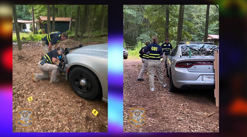 GBI agents investigate the scene where officials say a man who refused to drop a machete-like weapon was shot by Commerce police officers Monday evening.