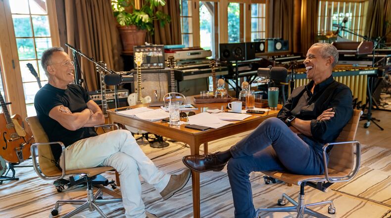 Former President Barack Obama reveals in an upcoming podcast with rocker Bruce Springsteen that he chose a career of public service in part due to his mother, an acknowledgment that lands in the middle of Women’s History Month. (Rob DeMartin/Spotify via AP)