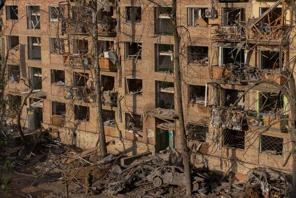 A residential house heavily damaged after a Russian strike in a residential neighborhood in Kyiv, Ukraine, Thursday, April 24, 2025. (AP Photo/Alex Babenko)