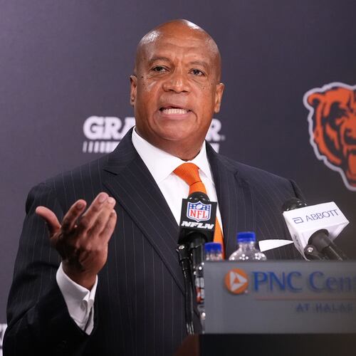 Chicago Bears President and CEO Kevin Warren addresses the team's ongoing stadium plans during a news conference Thursday, Aug. 13, 2026, in Lake Forest, Ill. (AP Photo/Nam Y. Huh)