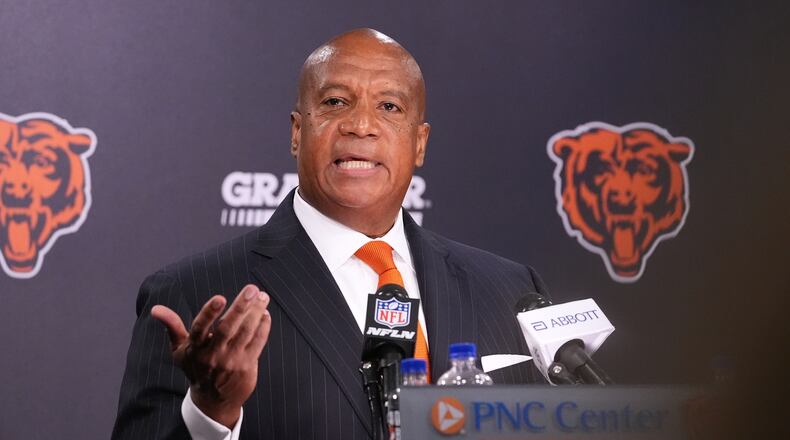 Chicago Bears President and CEO Kevin Warren addresses the team's ongoing stadium plans during a news conference Thursday, Aug. 13, 2026, in Lake Forest, Ill. (AP Photo/Nam Y. Huh)