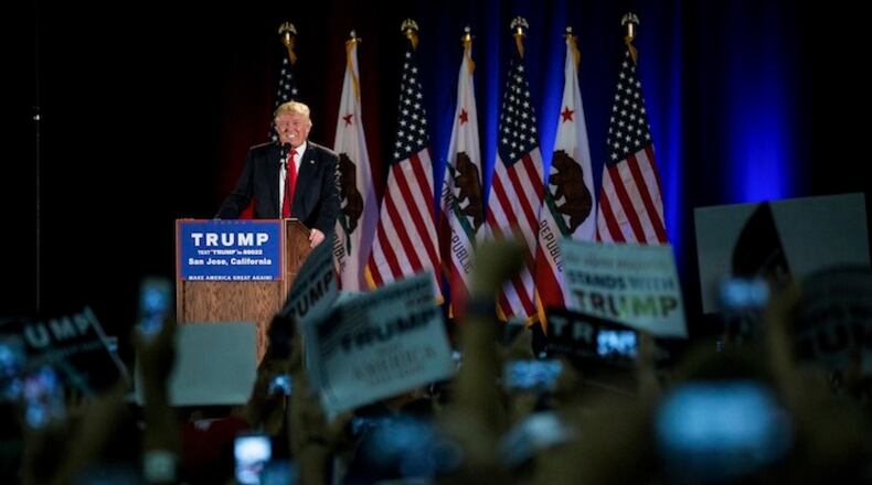 FILE -- Donald Trump, the presumed Republican presidential nominee, onstage during a campaign rally at the San Jose Convention Center in San Jose, Calif., June 2, 2016. Trump has hired experienced Republican handlers from the conventional campaign circles, but even those veteran strategists may be thwarted by his volatility as he heads toward the general election. (Damon Winter/The New York Times)