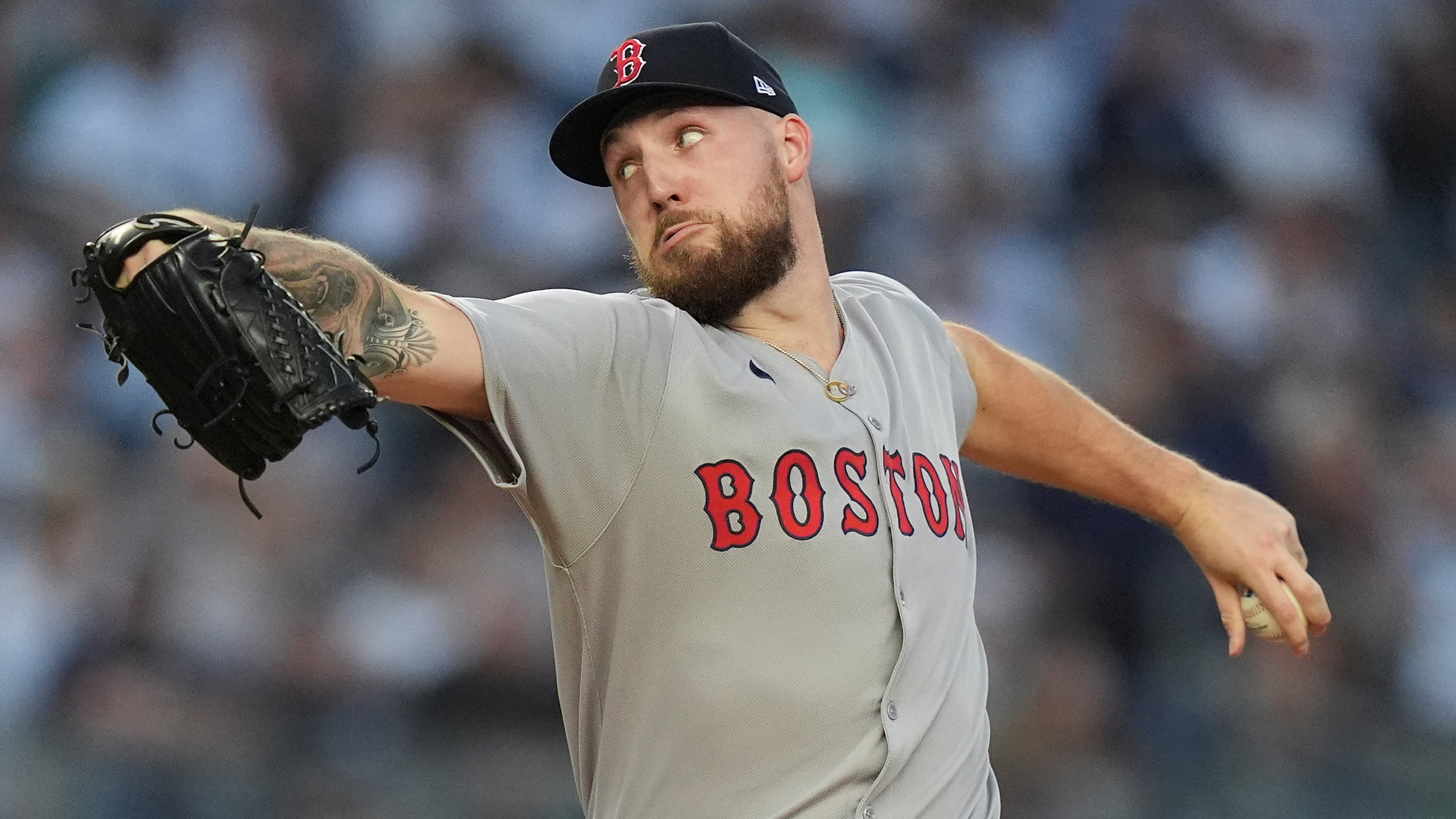 Boston Red Sox pitcher Garrett Crochet delivers against the New York Yankees during the first inning of Game 1 of an American League wild-card baseball playoff series, Tuesday, Sept. 30, 2025, in New York. (AP Photo/Frank Franklin II)