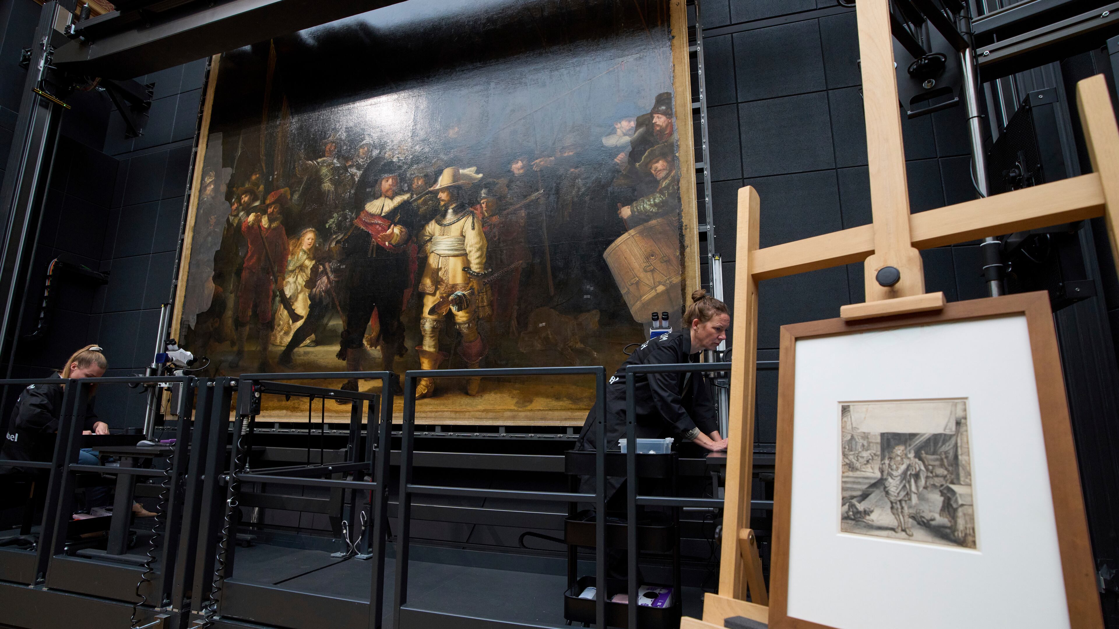 The 17th century drawing by Dutch artist Adriaen van de Venne which inspired Rembrandt when painting a dog in the Night Watch, is shown on an easel at the Rijksmuseum in Amsterdam, Netherlands, Tuesday, Sept. 23, 2025. (AP Photo/Peter Dejong)