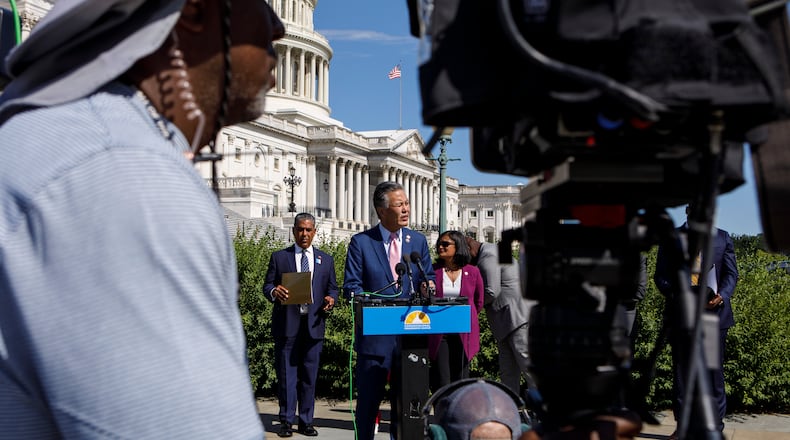U.S. Rep. Mark Takano, D-Calif., speaks to reporters outside of the U.S. House of Representatives for a press conference with the Congressional Progressive Caucus regarding the passage of a health care, tax and climate change measure that's now headed to the desk of President Joe Biden. (Anna Rose Layden/The New York Times).