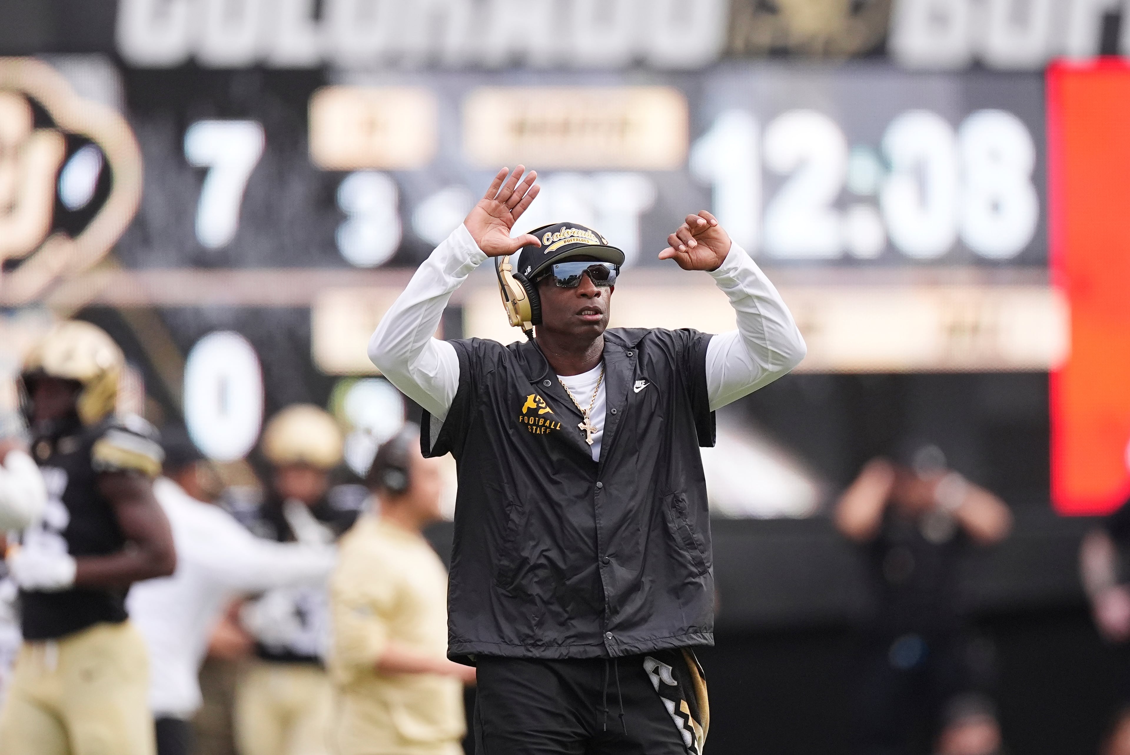 Colorado coach Deion Sanders directs his team against Georgia Tech in the first half of an NCAA college football game Friday, Aug. 29, 2025, in Boulder, Colo. (AP Photo/David Zalubowski)
