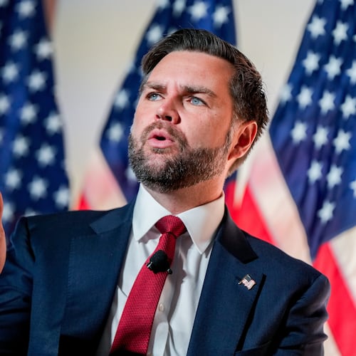FILE - Vice President JD Vance speaks with Breitbart News Washington bureau chief Matthew Boyle at Andrew W. Mellon Auditorium, Nov. 20, 2025, in Washington. (AP Photo/Julia Demaree Nikhinson, File)