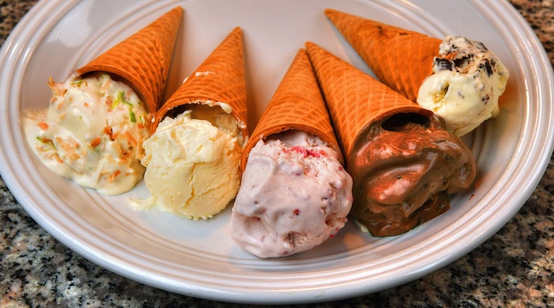 You can enjoy no-churn ice cream in flavors such as (from left) Coconut and Lime, Vanilla, Roasted Strawberry, Double Chocolate and Cookies 'N' Cream. Styling by Susan Puckett / Chris Hunt for the AJC