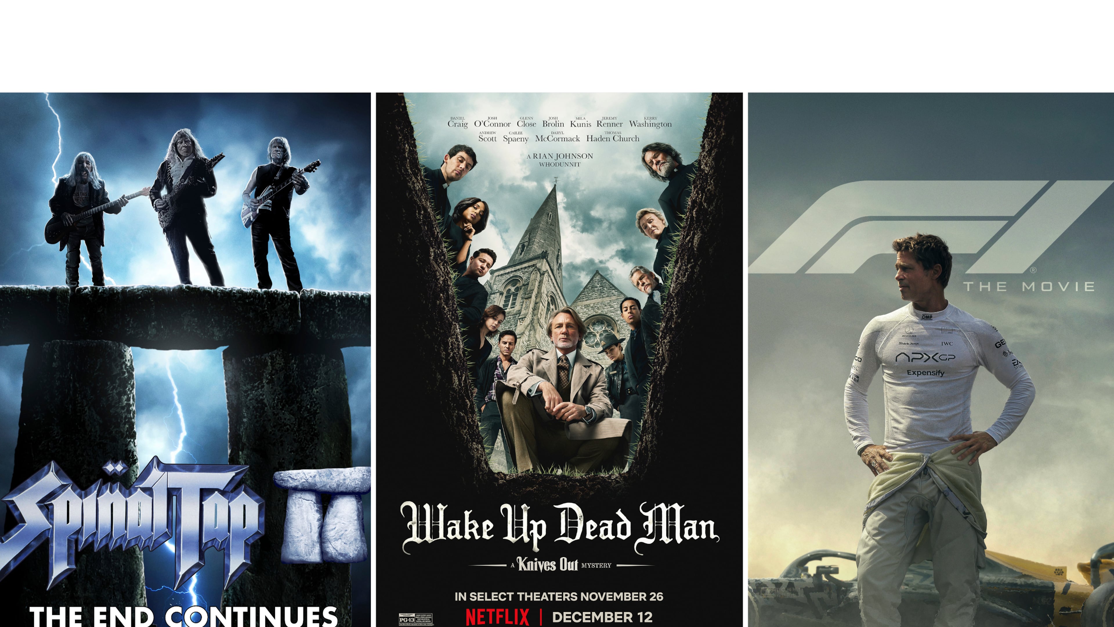 This combination of images shows promotional art for the films, "Spinal Tap II: The End Continues," left, "Wake Up Dead Man: A Knives Out Mystery," center, and "F1: The Movie." (Bleecker Street/Netflix/Apple via AP)