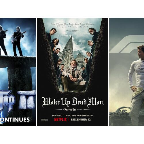 This combination of images shows promotional art for the films, "Spinal Tap II: The End Continues," left, "Wake Up Dead Man: A Knives Out Mystery," center, and "F1: The Movie." (Bleecker Street/Netflix/Apple via AP)