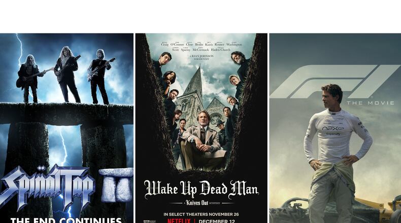 This combination of images shows promotional art for the films, "Spinal Tap II: The End Continues," left, "Wake Up Dead Man: A Knives Out Mystery," center, and "F1: The Movie." (Bleecker Street/Netflix/Apple via AP)