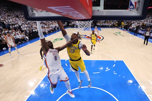 Oklahoma City Thunder forward Jalen Williams (8) shoots against Indiana Pacers center Myles Turner (33) during Game 1 of the NBA Finals basketball series Thursday, June 5, 2025, in Oklahoma City. (Matthew Stockman/Pool Photo via AP)