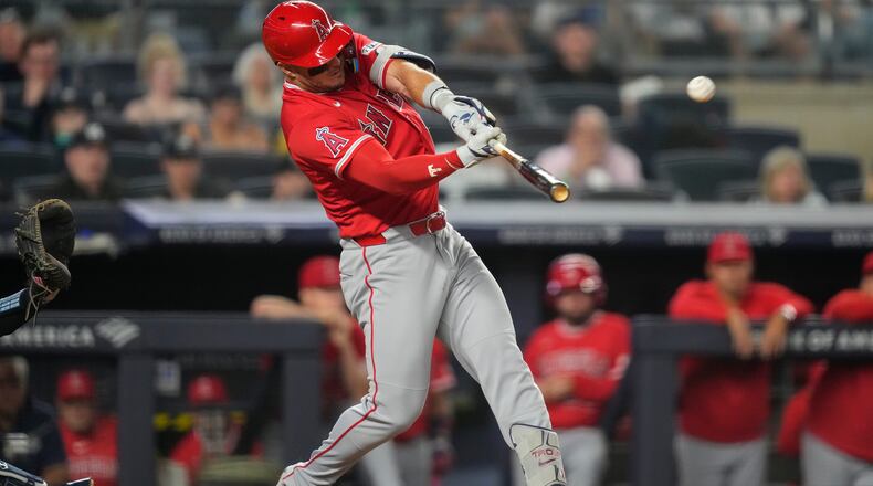 Los Angeles Angels' Mike Trout hits a three-run home run during the sixth inning of a baseball game against the New York Yankees, Monday, April 13, 2026, in New York. (AP Photo/Yuki Iwamura)