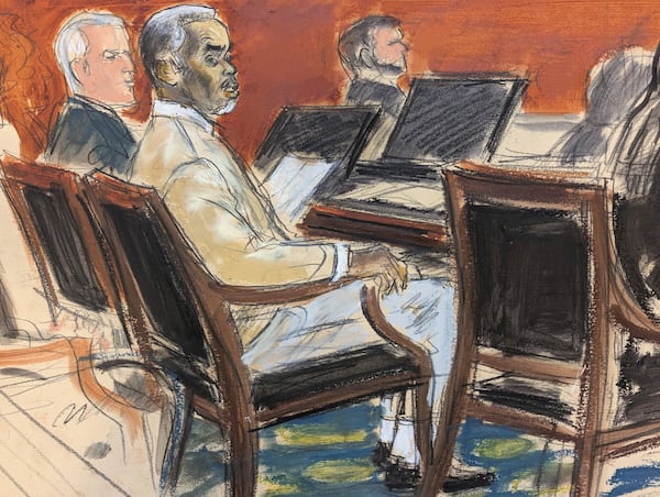 Sean ' Diddy' Combs, second from left, watches from the defense table as Judge Arun Subramanian speaks to the jury in Manhattan federal court, Tuesday, July 1, 2025, in New York. (Elizabeth Williams via AP)
