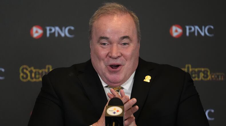 Mike McCarthy meets with reporters after being introduced as the new head coach of the Pittsburgh Steelers in Pittsburgh Tuesday, Jan. 27, 2026. (AP Photo/Gene J. Puskar)