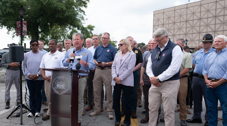 Georgia Gov. Brian Kemp addresses the media on the latest progress of the Helene Hurricane cleanup at the James Brown Arena in Augusta on Sept. 30, 2024. (Mike Adams for the AJC)