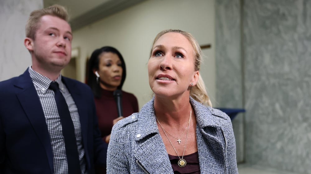 Rep. Marjorie Taylor Greene leaves her office in the Rayburn House Office Building on Monday, Nov. 17, 2025, in Washington, D.C. Over the last week, Greene was largely quiet as she considered her next steps. (Anna Moneymaker/Getty Images)