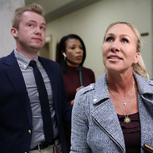 Rep. Marjorie Taylor Greene (R-Ga.) departs her office in the Rayburn House Office Building on Nov. 17, 2025 in Washington, D.C. Over the weekend, Greene received an increase in personal threats. President Donald Trump recently posted to Truth Social that he was withdrawing support for the congresswoman, and also called her a traitor. (Anna Moneymaker/Getty Images)