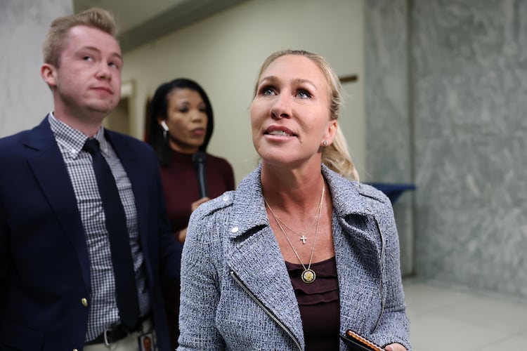 Rep. Marjorie Taylor Greene (R-Ga.) departs her office in the Rayburn House Office Building on Nov. 17, 2025 in Washington, D.C. Over the weekend, Greene received an increase in personal threats. President Donald Trump recently posted to Truth Social that he was withdrawing support for the congresswoman, and also called her a traitor. (Anna Moneymaker/Getty Images)