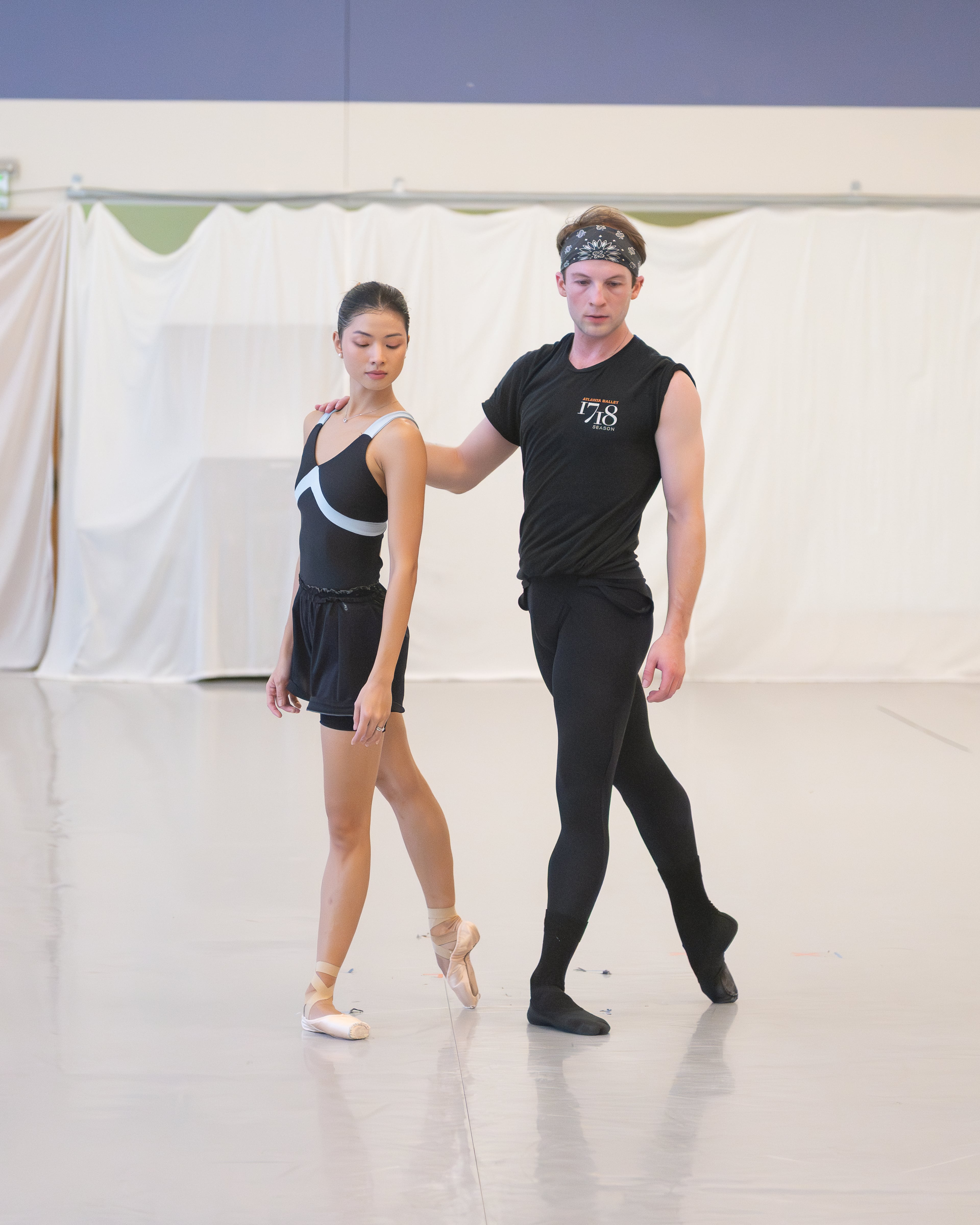 Atlanta Ballet dancers Mikaela Santos (left) and Carraig New rehearse for this weekend's performances of Justin Peck's "In Creases." (Courtesy of Atlanta Ballet)