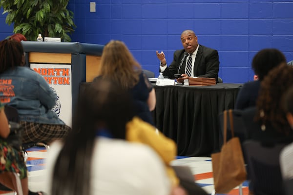 Clayton County School Superintendent Dr. Morcease Beasley, center, talks during a meeting on gun violence and school safety in Clayton County Schools at North Clayton Middle School on Tuesday, May 3, 2022, in College Park, Ga. Branden Camp/For the Atlanta Journal-Constitution