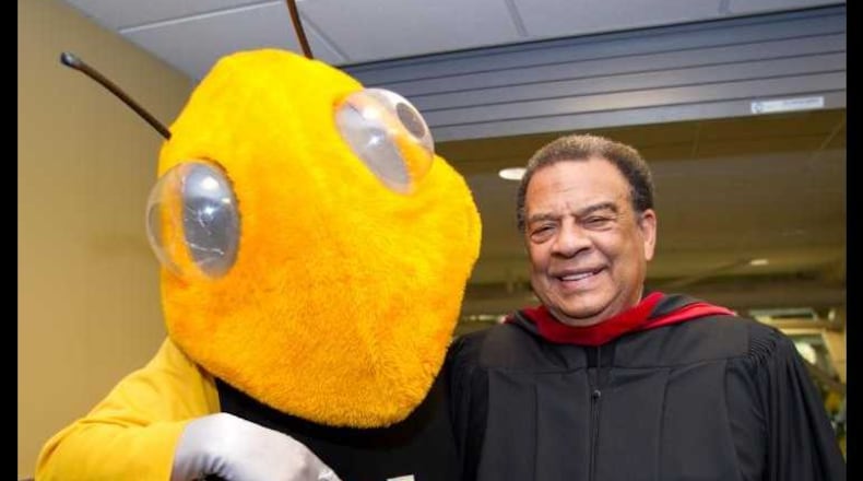 Andrew Young with the Georgia Tech mascot. Georgia Tech is awarding Young with the Ivan Allen Jr. Prize for Social Courage in recognition of his lifelong dedication to civil and human rights. PHOTO CREDIT: GEORGIA TECH