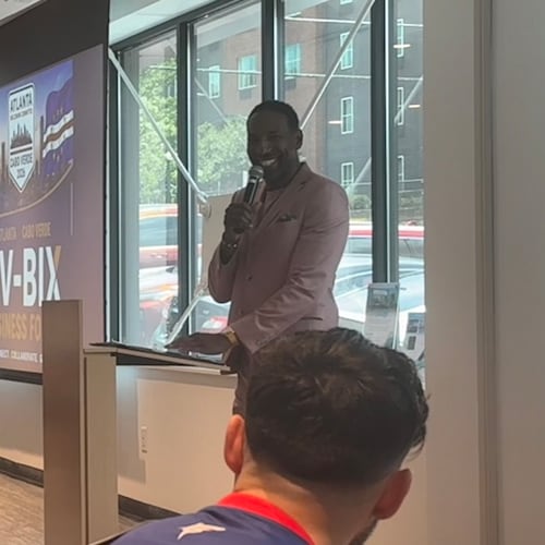 Atlanta Mayor Andre Dickens speaks at a business forum on Sunday, June 14, 2026 in anticipation of the World Cup matches in the city beginning the next day. (Amna Subhan for the AJC)