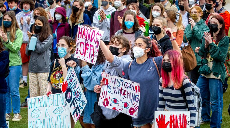 In February, students from metro Atlanta gathered at Liberty Plaza near the Capitol to protest a bill backed by Republican lawmakers that would limit how race can be discussed in classrooms.
STEVE SCHAEFER FOR THE ATLANTA JOURNAL-CONSTITUTION