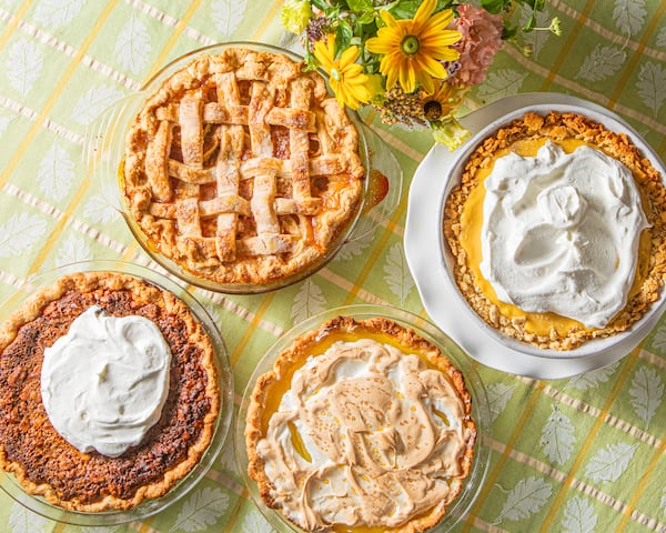 These classic Southern pies have a history that spans decades. Clockwise from top left: Green Tomato Pie, Crook's Corner's Atlantic Beach Pie, Vinegar Pie and Dinah Shore's Chocolate Chip Walnut Pie. (Aaliyah Man for the AJC)