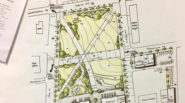 Avondale Estates resident Sheri Locke’s design for five city owned acres just west of the Tudor Village. Note the roughly 2.5 acres of park space south of New Street which could include, among other features, an amphitheater in the northeast corner and Franklin Street, which bisects the green, turning into a pedestrian only path. Courtesy of Sheri Locke