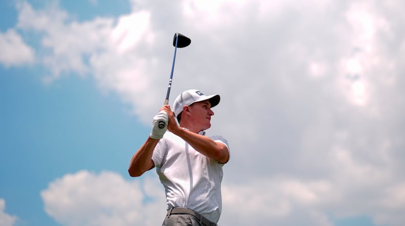 Matt McCarty hits from the second tee during the third round of the Cadillac Championship PGA golf tournament Saturday, May 2, 2026, in Doral, Fla. (AP Photo/David J. Phillip)