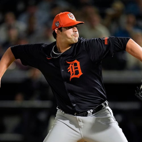FILE -Detroit Tigers pitcher RJ Petit throws during the first inning of a spring training baseball game against the New York Yankees Thursday, March 7, 2024, in Tampa, Fla. (AP Photo/Charlie Neibergall, File)