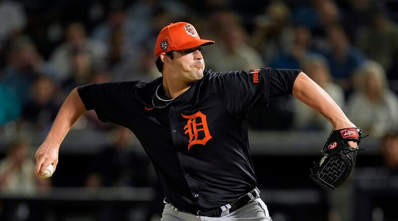 FILE -Detroit Tigers pitcher RJ Petit throws during the first inning of a spring training baseball game against the New York Yankees Thursday, March 7, 2024, in Tampa, Fla. (AP Photo/Charlie Neibergall, File)