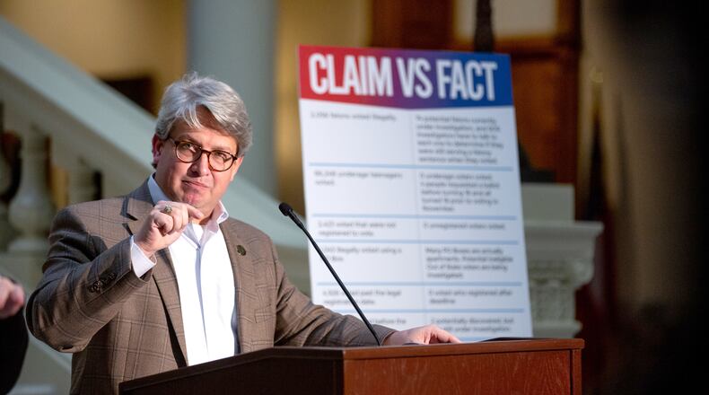 Gabriel Sterling talks with the press Monday at the state Capitol.  STEVE SCHAEFER FOR THE ATLANTA JOURNAL-CONSTITUTION