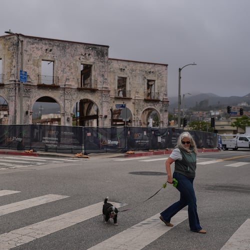 D. Berryman walks her dog, Tiny Dancer, past a fire-damaged building more than a year after the Palisades Fire in the Pacific Palisades neighborhood of Los Angeles, Thursday, June 4, 2026. (AP Photo/Jae C. Hong)