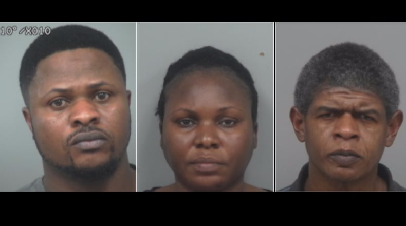 (left to right) Toyosi Ogunleye, Temitayo David and Gregory Bland have been arrested after deputies discovered $500,000 of stolen items at a Snellville warehouse.