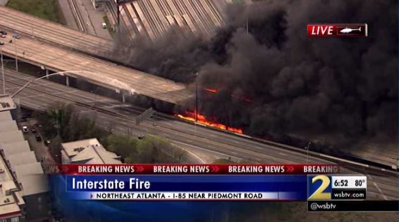 State and federal agencies are reviewing the practice of storing construction material under bridges in the wake of the March 30 fire that destroyed a section of I-85 in Atlanta. (Credit: Channel 2 Action News)