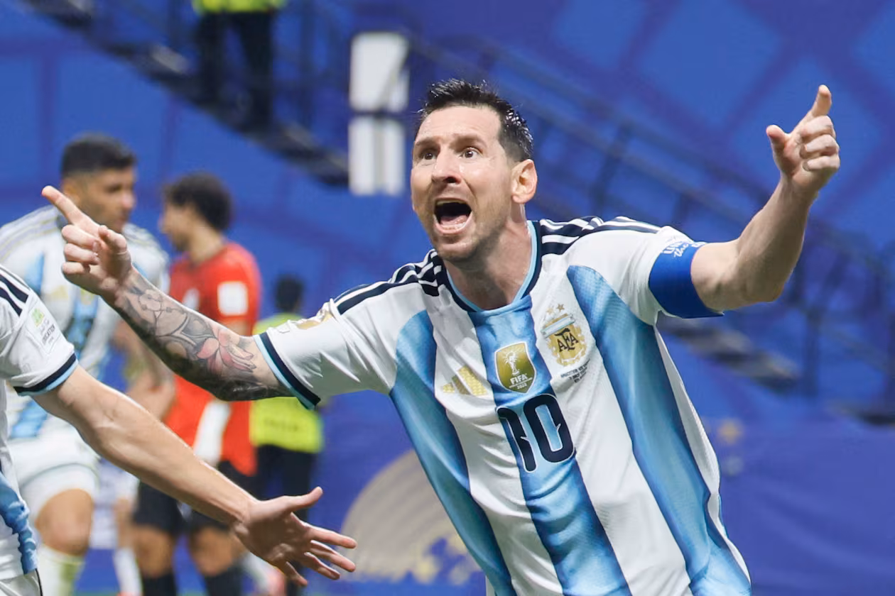 Argentina's Lionel Messi celebrates his goal during the World Cup match against Egypt at Atlanta Stadium on Tuesday, July 7, 2026. (Miguel Martinez/AJC)