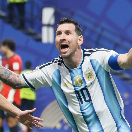 Argentina's Lionel Messi celebrates his goal during the World Cup match against Egypt at Atlanta Stadium on Tuesday, July 7, 2026. (Miguel Martinez/AJC)