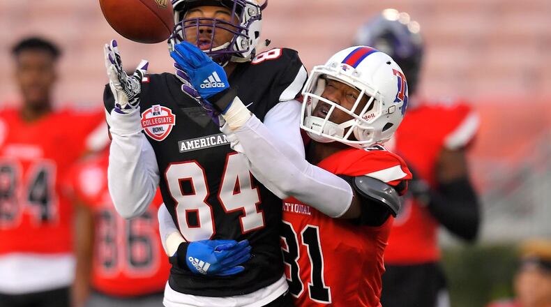 American Team wide receiver Juwan Green, left, of Albany, attempts a catch only to have it broken up by National Team cornerback L'Jarius Sneed, of Louisiana Tech, during the first half of the Collegiate Bowl college football game Saturday, Jan. 18, 2020, in Pasadena, Calif. (AP Photo/Mark J. Terrill)