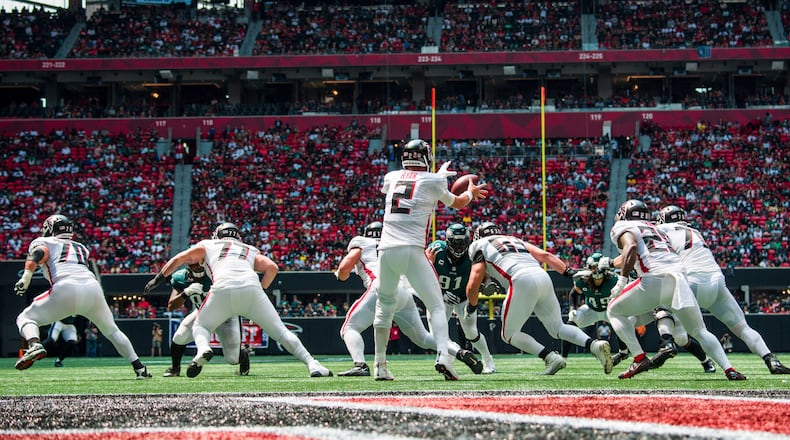 Falcons quarterback Matt Ryan (2) works during the first half against the Philadelphia Eagles, Sunday, Sep. 12, 2021, at Mercedes-Benz Stadium in Atlanta. The Eagles won 32-6. (Danny Karnik/AP)