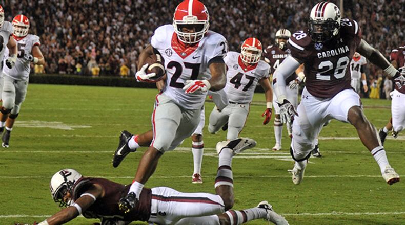 Georgia freshman running back Nick Chubb had four carries for 34 yards in the loss to South Carolina. He played the game with an injured thumb protected by a sleeve under his glove.