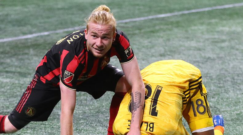 March 17, 2019 Atlanta: Atlanta United midfielder Andrew Carleton canât get the ball in the net as Philadelphia Union goalkeeper Andre Blake covers it up blocking the shot during the second half in a MLS soccer match that ended in a 1-1 draw on Sunday, March 17, 2019, in Atlanta. Curtis Compton/ccompton@ajc.com