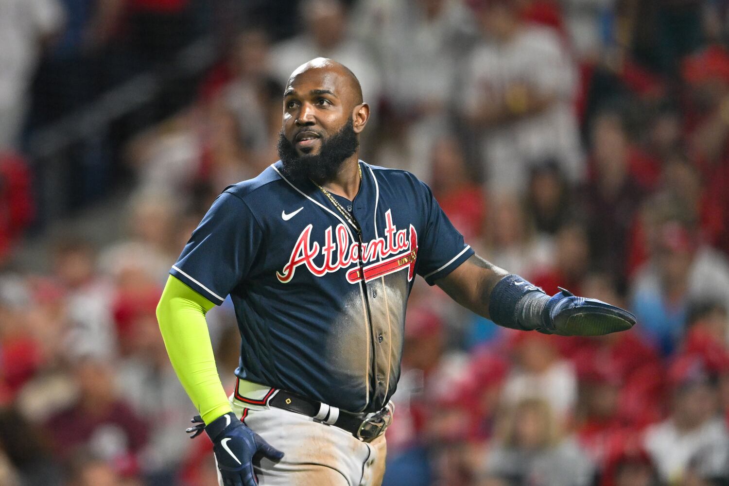 Atlanta Braves’ Marcell Ozuna (20) scores on an RBI single by Orlando Arcia during the sixth inning of NLDS Game 3 against the Philadelphia Phillies in Philadelphia on Wednesday, Oct. 11, 2023.   (Hyosub Shin / Hyosub.Shin@ajc.com)
